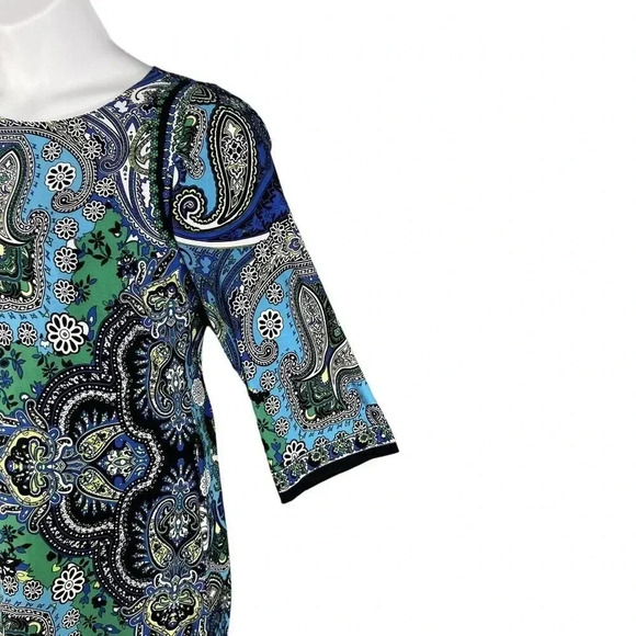 CHICOS 1 Medium Blue White Paisley 3/4 Sleeve Knit Bodycon Outdoor Shift Dress - Picture 6 of 16